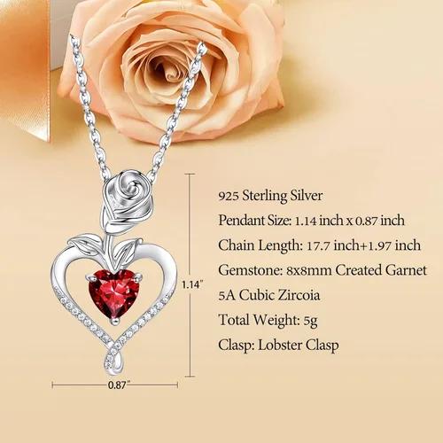 Vista 3 de Collares de piedra natal para mujer, a la moda, collar con colgante de corazón de flor de rosa de plata de ley 925, chapado en oro blanco de 14