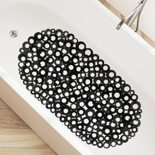 Vista 8 de WELTRXE Tapete ovalado antideslizante con burbujas negras para bañera, tapete de ducha con orificios de drenaje, ventosas, lavable a máquina, BPA