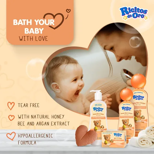 Vista 5 de Ricitos de Oro Shampoo de Miel para bebé, Producto sin parabenos para la delicada piel del bebé, 250 ml cada una, 3 Botellas. Sin lágrimas, sin