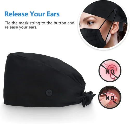 Vista 5 de QBA - Gorro de trabajo ajustable con botón, banda de algodón absorbente de sudor, con tiras elásticas para amarrar por atrás, unisex, talla única