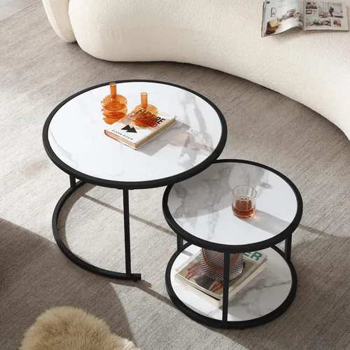 Vista 9 de Juego de 2 mesas auxiliares anidables, mesas auxiliares apilables rústicas, modernas mesas redondas de madera con patrón de mármol para sala