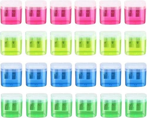 Vista 8 de 24 sacapuntas manuales de doble agujero con tapa, sacapuntas de colores portátiles para niños y adultos, escuela, oficina, hogar, viajes