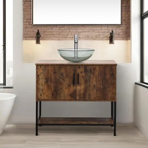 Vista 40 de UEV Juego de tocador de baño antiguo de 24 pulgadas, color marrón oscuro con lavabo, armario de baño de madera de hierro con grifo de temperatura