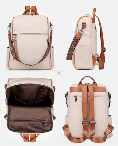 Vista 5 de FADEON Mochila de cuero para mujer, diseño de mujer, bolsa de hombro de moda, mochila de viaje convertible de PU, E Beige Con Marrón, Medium