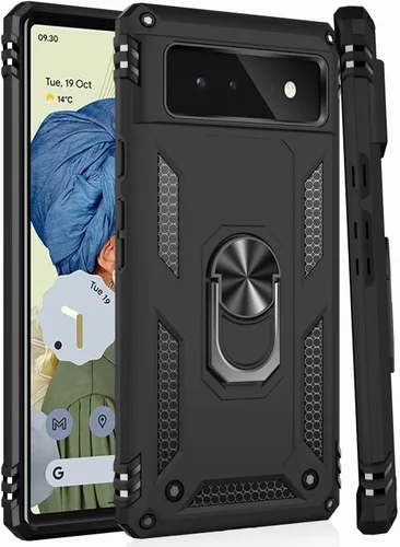 Vista 6 de IKAZZ Funda adecuada para Google Pixel 6, grado militar, a prueba de golpes, resistente, para pasar la prueba de caída de 16 pies con soporte Negro
