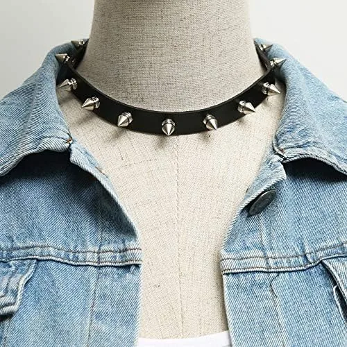 Vista 4 de HZMAN - Collar de gargantilla de cuero con tachuelas de metal, estilo punk, gótico, para hombre y mujer