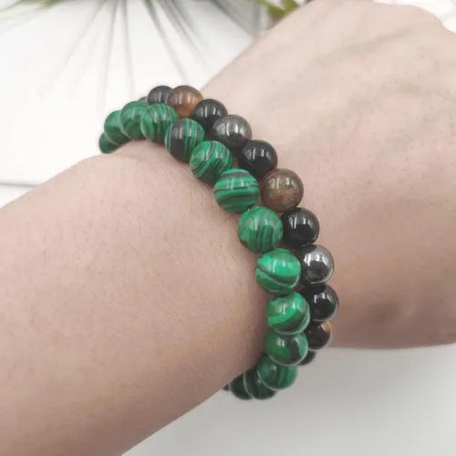 Vista 2 de INENIMARTJ 2 pulseras de obsidiana negra con terapia magnética de hematita de malaquita para hombres y mujeres, pulsera de triple protección