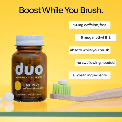 Vista 2 de Pastillas de dentífrico Duo Energy Cafeína + B12 con nanohidroxiapatita (nHa) - Blanqueamiento, remineralización y reducción de la sensibilidad
