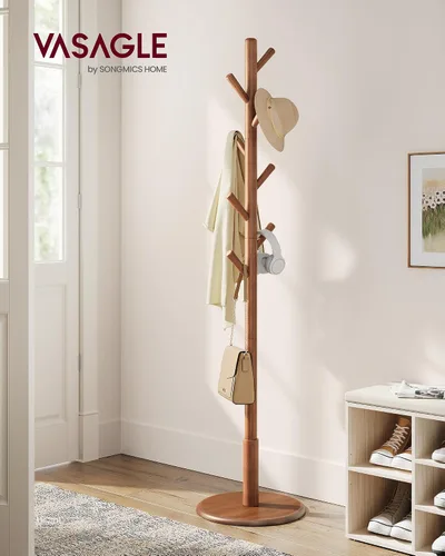 Vista 2 de VASAGLE Perchero de madera maciza, árbol de entrada con 8 ganchos, 3 opciones de altura, para abrigos, sombreros, bolsos, carteras, para entrada