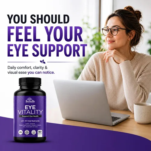 Vista 2 de HerbaMe Suplemento de vitaminas para los ojos con luteína, arándano, betacaroteno, L-taurina, zinc y quercetina, 90 cápsulas, apoya la visión