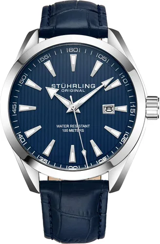 Vista 4 de Stuhrling Original Reloj de vestir para hombre, esfera analógica con fecha, banda de cuero de becerro