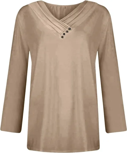 Vista 2 de Camiseta de manga larga con cuello en V y botones para mujer, con panel en el pecho, color liso, sin botones