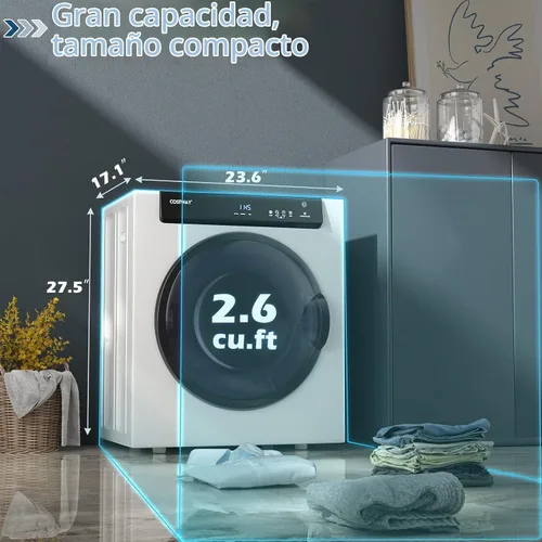 Vista 6 de COSTWAY Secadora portátil compacta, con panel táctil, 2 modos, 3 potencias de calefacción y ventilación de escape ajustable, secadora de ropa