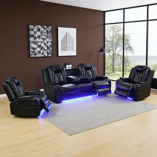 Vista 33 de Sofá reclinable individual eléctrico para muebles de sala de estar, silla reclinable de cuero con luces LED, puertos USB, almacenamiento oculto