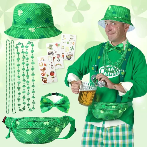 Vista 4 de Wigood Collares del día de San Patricio con cubierta de trébol verde, sombrero superior, collares de cuentas metálicas para disfraces de fiesta