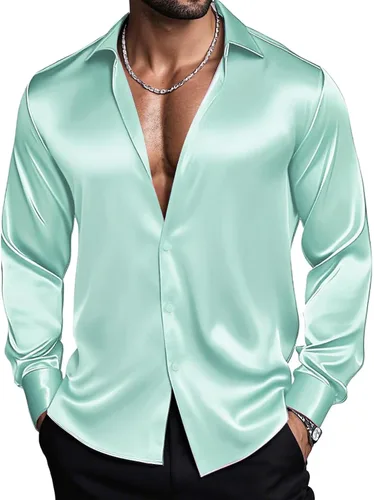 Vista 12 de Barry.Wang Camisas de discoteca de los años 70 para hombre, camisas beige B
