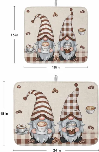 Vista 3 de Tapete de secado de platos de gnomos de café para encimera de cocina, granos de café retro a cuadros marrones, almohadilla de secado de microfibra