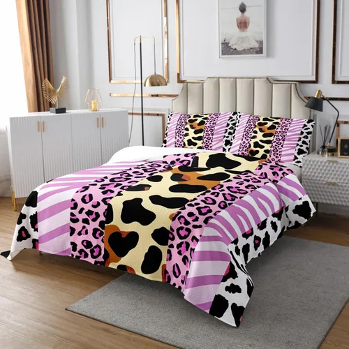 Vista 2 de Manfei Colcha de piel de animal tamaño individual, colcha acolchada con estampado de cebra de leopardo con 1 funda de almohada, juego de 2 piezas