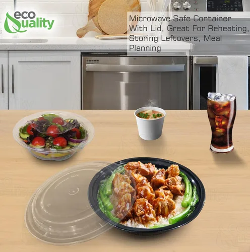 Vista 6 de Recipientes redondos de plástico para preparación de comidas con tapas para microondas, 16 onzas, 50 unidades, con tapa, certificado sin BPA