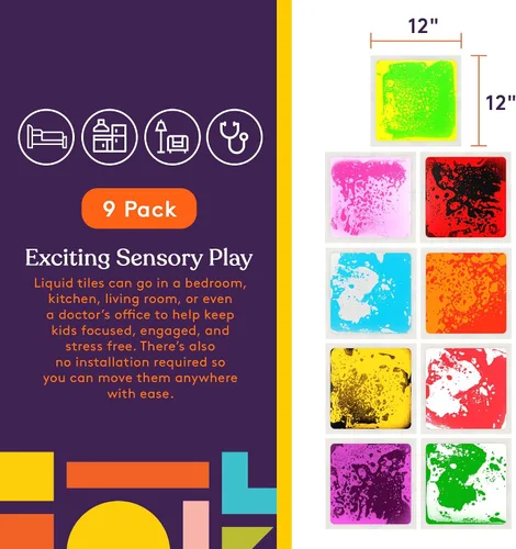Vista 2 de Special Supplies Azulejos líquidos cuadrados para niños, juego de 9, coloridas alfombrillas sensoriales de aprendizaje temprano para niños pequeños