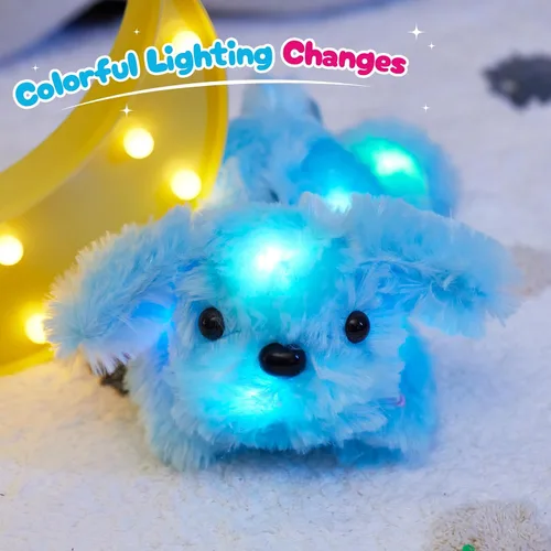 Vista 4 de WEWILL Cachorro azul iluminado de 10 pulgadas con luz LED con luz nocturna colorida, juguete de peluche suave, regalo para niños en Navidad
