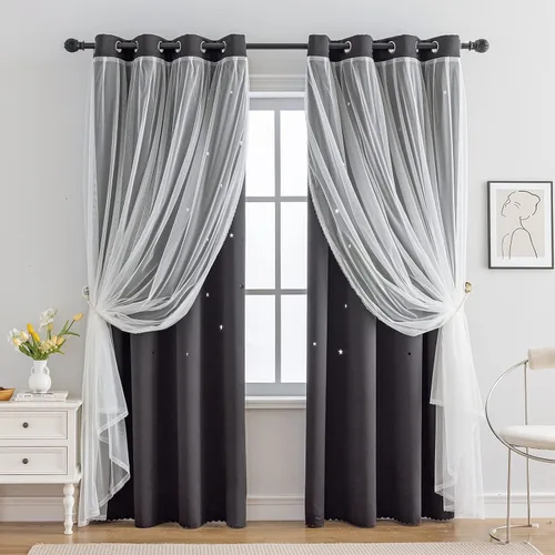 Vista 30 de indistar Cortinas opacas con recortes de estrellas para dormitorio de niña, cortinas de oscurecimiento para habitación de bebé, cortinas