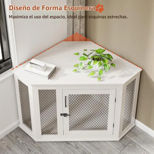 Vista 3 de PUKAMI Muebles de jaula para perros de esquina de 44 pulgadas, muebles de perrera para perros de madera con malla, casa decorativa de madera