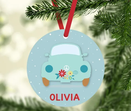 Vista 2 de Andaz Press Adorno de Navidad redondo personalizado de metal, hippie de los años 70 VW Aqua Bug, 1 paquete, decoraciones personalizadas