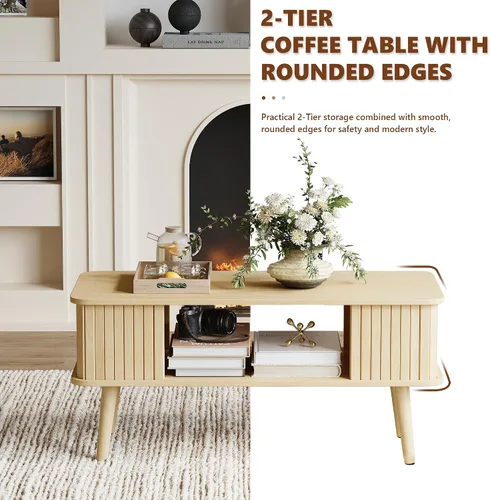 Vista 15 de Mesa de café LAZZO con almacenamiento mesa central para sala de estar mesa de café rectangular con bordes redondeados, fácil montaje, madera natural