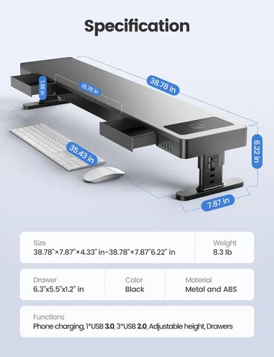 Vista 7 de meatanty Soporte de Monitor Doble con 4 Alturas Ajustables, Almohadilla de Carga Automática para Teléfono, 4 Puertos USB, Elevador de Computadora