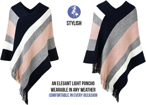 Vista 3 de Ferand - Poncho tejido elegante para mujer, con diseño de rayas y extremos con flecos