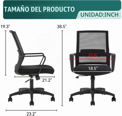 Vista 3 de FDW Silla de escritorio ergonómica de malla para computadora, de media espalda, con descansabrazos, giratoria, ajustable, soporte lumbar Negro
