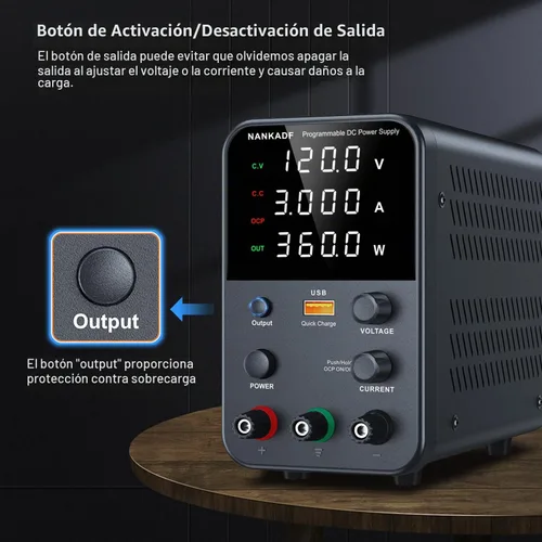 Vista 4 de Fuente de alimentación de banco variable de CC con perilla de codificador, activación/desactivación de salida, carga rápida USB, alarma de Negro