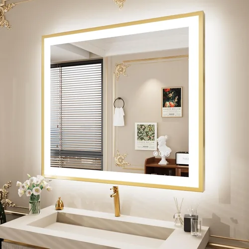 Vista 42 de Espejo de baño LED de 24x28 pulgadas con marco negro, espejos de baño retroiluminados y con luz frontal para pared, antiempañamiento, regulable