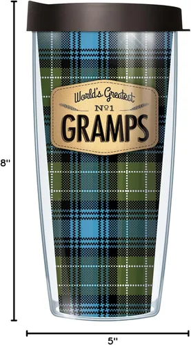 Vista 2 de Signature Tumblers World's Greatest No. 1 Gramps Wrap on Blue Flannel Taza de viaje de doble pared de 16 onzas con tapa negra Easy Sip