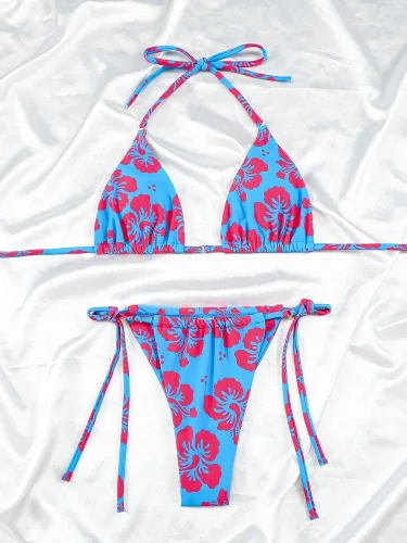 Vista 6 de Women Halter String Bikini Set Sexy Thong Cheeky Two Piece Swimsuits Solid Color Bathing Swimwear