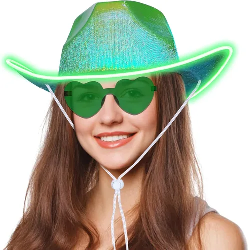 Vista 8 de quescu Sombrero de vaquero iluminado para mujeres, hombres, sombrero de vaquera LED, sombreros de vaquero espaciales brillantes para fiestas