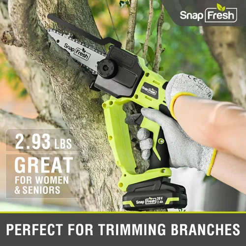 Vista 3 de SnapFresh Mini motosierra inalámbrica, motosierra eléctrica de 6 pulgadas, motosierra portátil de mano con batería de 2.0 Ah y cargador rápido