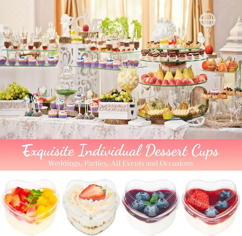Vista 4 de TOFLEN Vasos de postre en forma de corazón de 5 onzas con tapas y cucharas, 300 unidades, sirve 100 unidades, mini vasos de plástico para postres