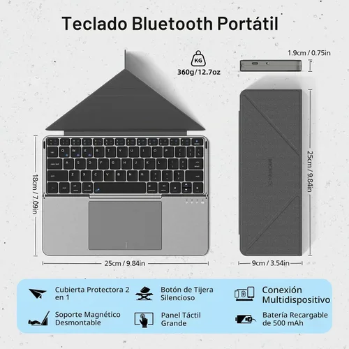 Vista 2 de Mircopack - Teclado Bluetooth plegable con panel táctil y soporte para iPad/iPhone/MacBook, 3 dispositivos, cubierta magnética de piel sintética Gris