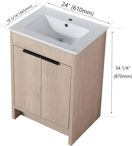 Vista 2 de Juego de tocador de baño independiente con lavabo, armario de almacenamiento moderno de 24 pulgadas con fregadero de cerámica blanca, gabinete