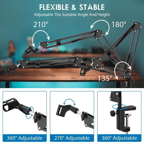 Vista 2 de K KASONIC Soporte para micrófono, soporte de escritorio ajustable para micrófono para brazo articulado de micrófono HyperX para radiodifusión