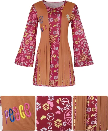 Vista 3 de Ainiel Trajes de discoteca de los años 60 y 70 para mujer, disfraz hippie, chaleco con flecos, ropa para mujer, gafas hippy, accesorios
