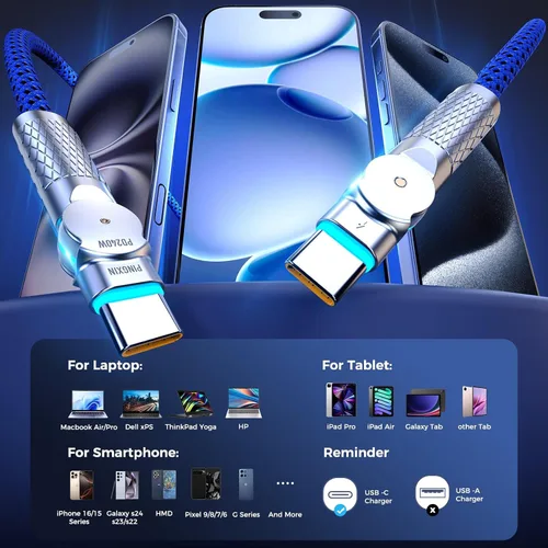 Vista 8 de Cable USB C a USB C de 6.6 pies, 240 W, paquete de 2 cables de carga tipo C trenzados giratorios de 180°, carga rápida para iPhone