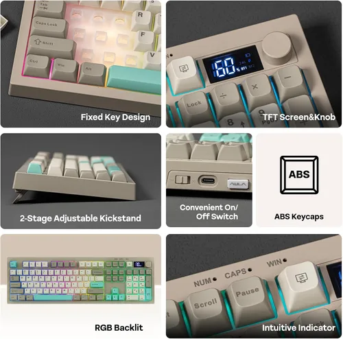 Vista 3 de EPOMAKER Aula S102 PRO Membrane Gaming Keyboard with TFT Screen, Volume Knob & Number Pad, BT/2.4G/USB, RGB Backlit, Creamy Silicone Structure, Grey