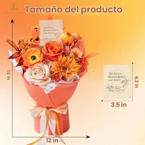 Vista 3 de Ramo de flores preservadas de color naranja, ramo de regalo para mujeres, regalo de flores falsas eternas para Navidad, aniversario, cumpleaños