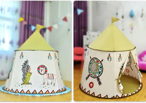 Vista 8 de Tienda de campaña plegable para niños, casa de juegos india de dibujos animados para niños con bolsa de transporte, material respetuoso con la piel