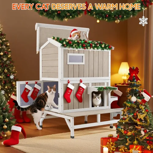 Vista 9 de PetsCosset Casa Aislada para Gatos de Exterior Resistente a la Intemperie con Balcón, Aislamiento Integral, Refugio de Madera para Gatos Ferales