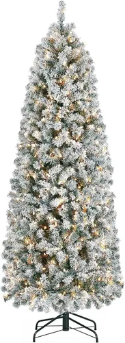 Vista 19 de Yaheetech Árbol de Navidad de Abeto Tipo Lápiz Preiluminado con Nieve Artificial de 6 pies con Bisagras, Árbol de Navidad Delgado para Esquina Negro