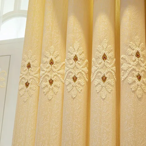 Vista 6 de ELKCA Cortinas bordadas de jacquard para dormitorio, cortinas beige de lujo para sala de estar, ojales superiores, 2 paneles